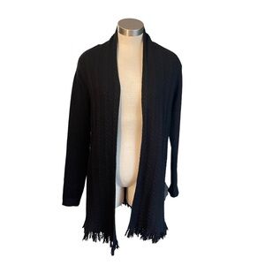 Raffi Cashmere Cardigan Open Front Cable Knit Fringe Black Sz. S